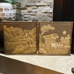 Set of 2 Vintage Batik Asian Art Prints w/ Bamboo Look Wood Frames